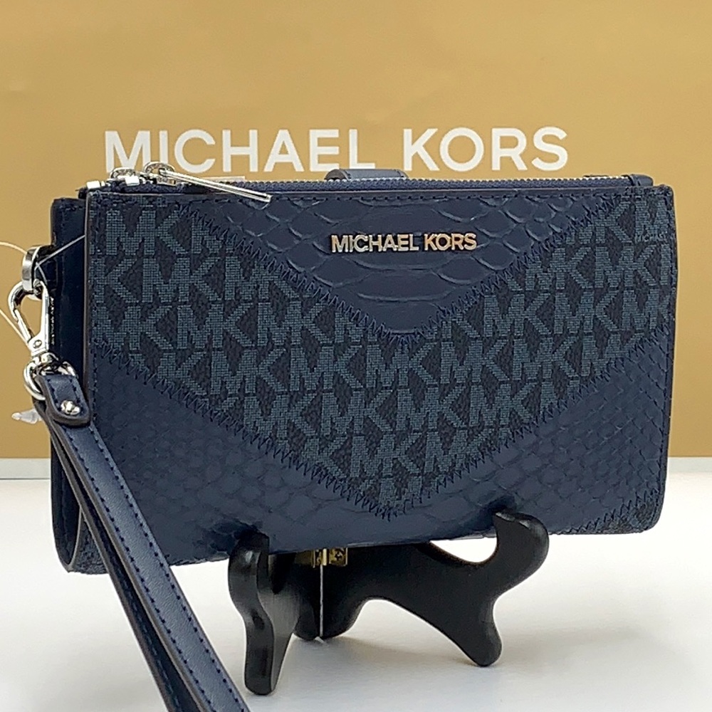 MICHAEL KORS LG DOUBLE ZIP WRISTLET WALLET NAVY MULT Crocodile Leather S…